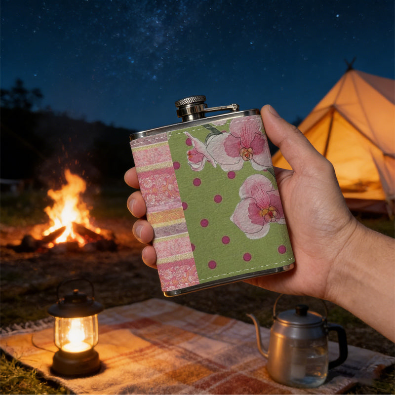 Pink flowers on striped polka dot background 1pc 8oz -Wrapped Portable Camping Flask, Stainless Steel Flat Liquor Bottle for Outdoor Use