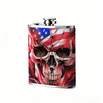 Skull with American flag design 1pc 8oz -Wrapped Portable Camping Flask, Stainless Steel Flat Liquor Bottle for Outdoor Use