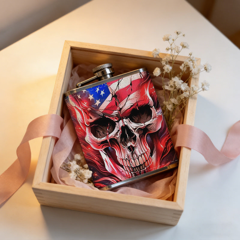 Skull with American flag design 1pc 8oz -Wrapped Portable Camping Flask, Stainless Steel Flat Liquor Bottle for Outdoor Use