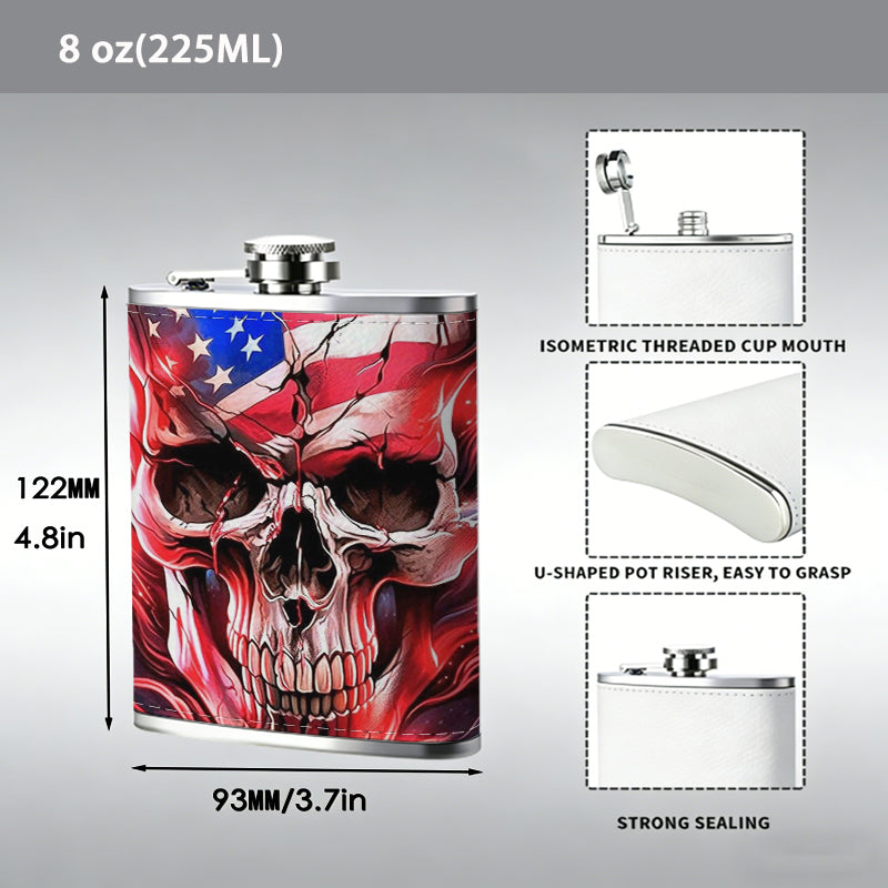Skull with American flag design 1pc 8oz -Wrapped Portable Camping Flask, Stainless Steel Flat Liquor Bottle for Outdoor Use