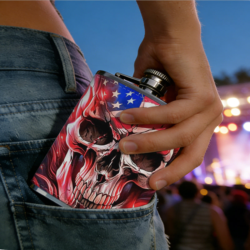 Skull with American flag design 1pc 8oz -Wrapped Portable Camping Flask, Stainless Steel Flat Liquor Bottle for Outdoor Use