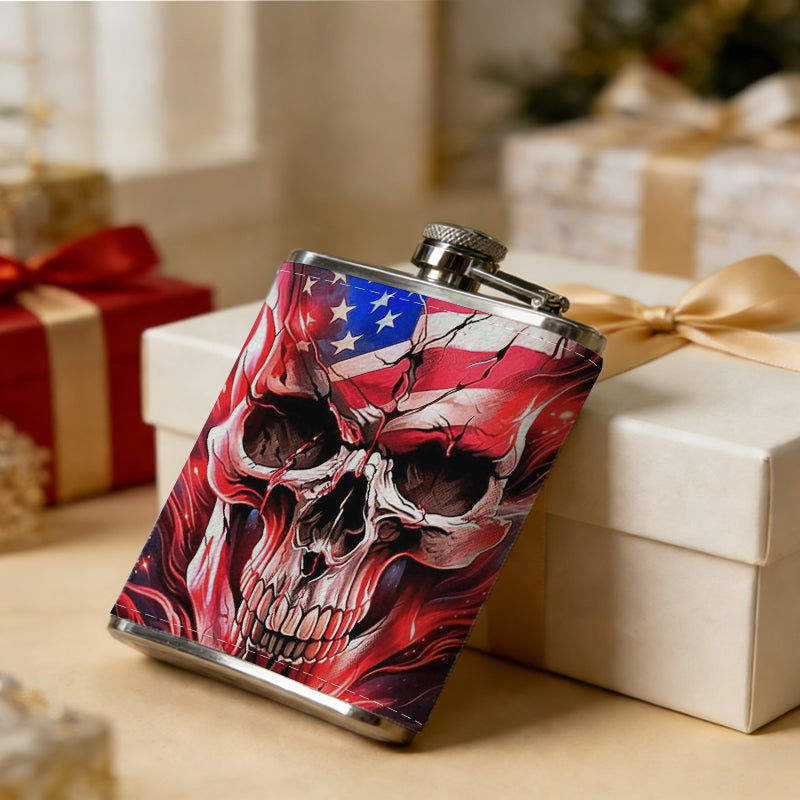 Skull with American flag design 1pc 8oz -Wrapped Portable Camping Flask, Stainless Steel Flat Liquor Bottle for Outdoor Use