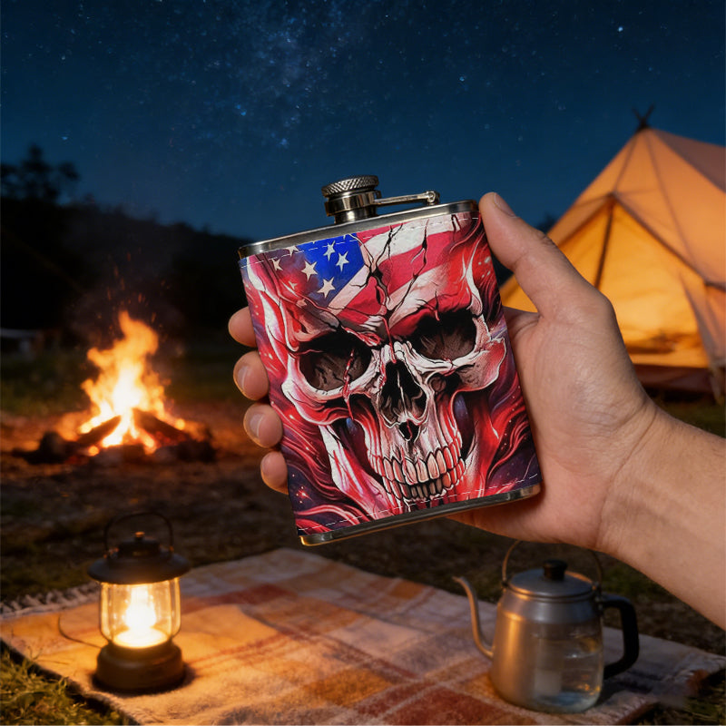 Skull with American flag design 1pc 8oz -Wrapped Portable Camping Flask, Stainless Steel Flat Liquor Bottle for Outdoor Use