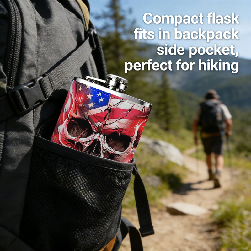 Skull with American flag design 1pc 8oz -Wrapped Portable Camping Flask, Stainless Steel Flat Liquor Bottle for Outdoor Use
