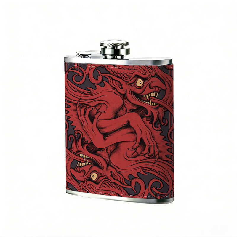 Red carved mythical creature pattern 1pc 8oz -Wrapped Portable Camping Flask, Stainless Steel Flat Liquor Bottle for Outdoor Use