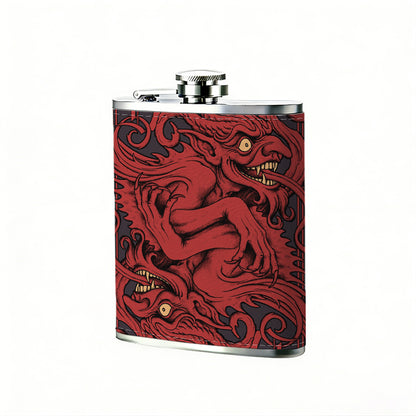 Red carved mythical creature pattern 1pc 8oz -Wrapped Portable Camping Flask, Stainless Steel Flat Liquor Bottle for Outdoor Use