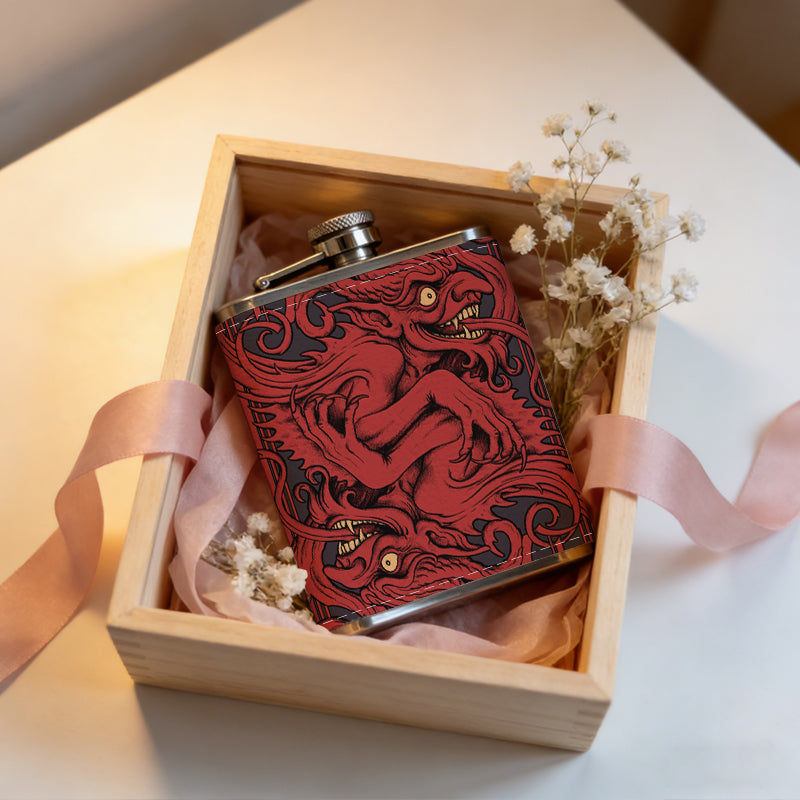 Red carved mythical creature pattern 1pc 8oz -Wrapped Portable Camping Flask, Stainless Steel Flat Liquor Bottle for Outdoor Use