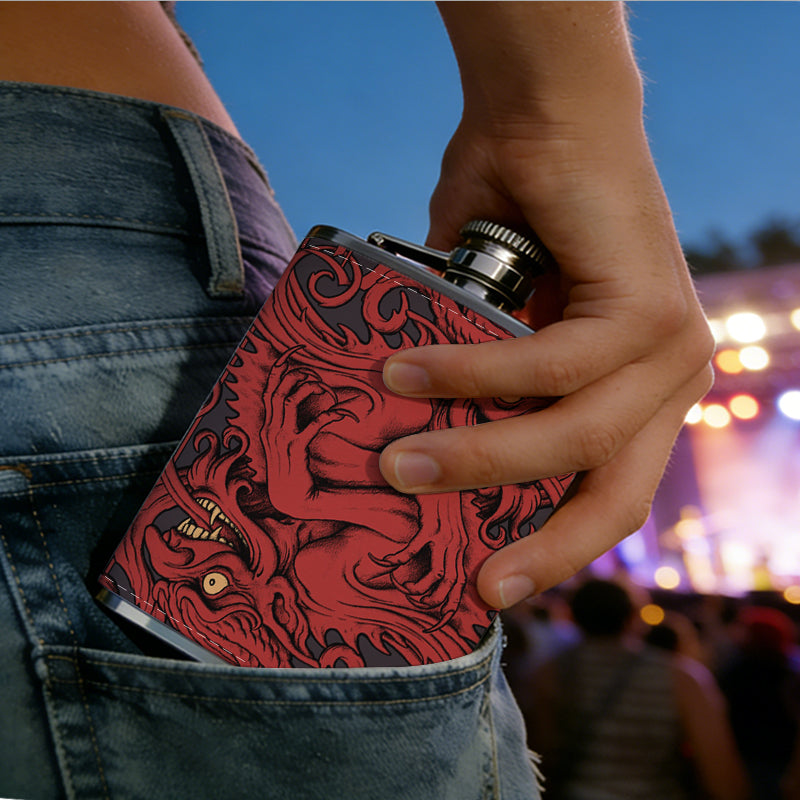 Red carved mythical creature pattern 1pc 8oz -Wrapped Portable Camping Flask, Stainless Steel Flat Liquor Bottle for Outdoor Use