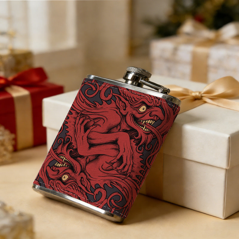 Red carved mythical creature pattern 1pc 8oz -Wrapped Portable Camping Flask, Stainless Steel Flat Liquor Bottle for Outdoor Use