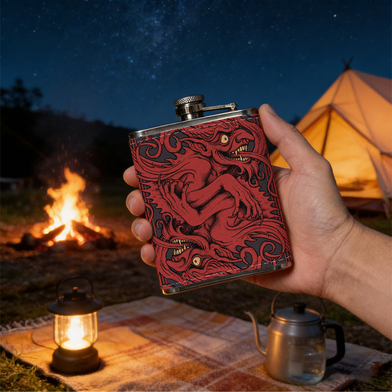 Red carved mythical creature pattern 1pc 8oz -Wrapped Portable Camping Flask, Stainless Steel Flat Liquor Bottle for Outdoor Use