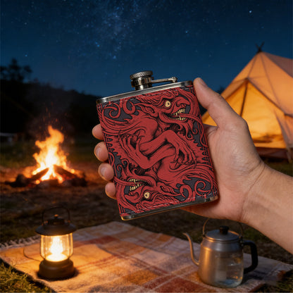 Red carved mythical creature pattern 1pc 8oz -Wrapped Portable Camping Flask, Stainless Steel Flat Liquor Bottle for Outdoor Use