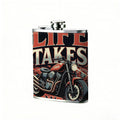 Motorcycle with "Life Takes Courage" text 1pc 8oz -Wrapped Portable Camping Flask, Stainless Steel Flat Liquor Bottle for Outdoor Use