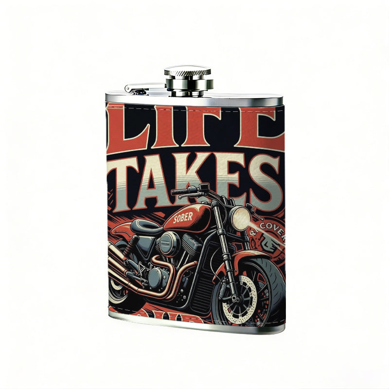 Motorcycle with "Life Takes Courage" text 1pc 8oz -Wrapped Portable Camping Flask, Stainless Steel Flat Liquor Bottle for Outdoor Use