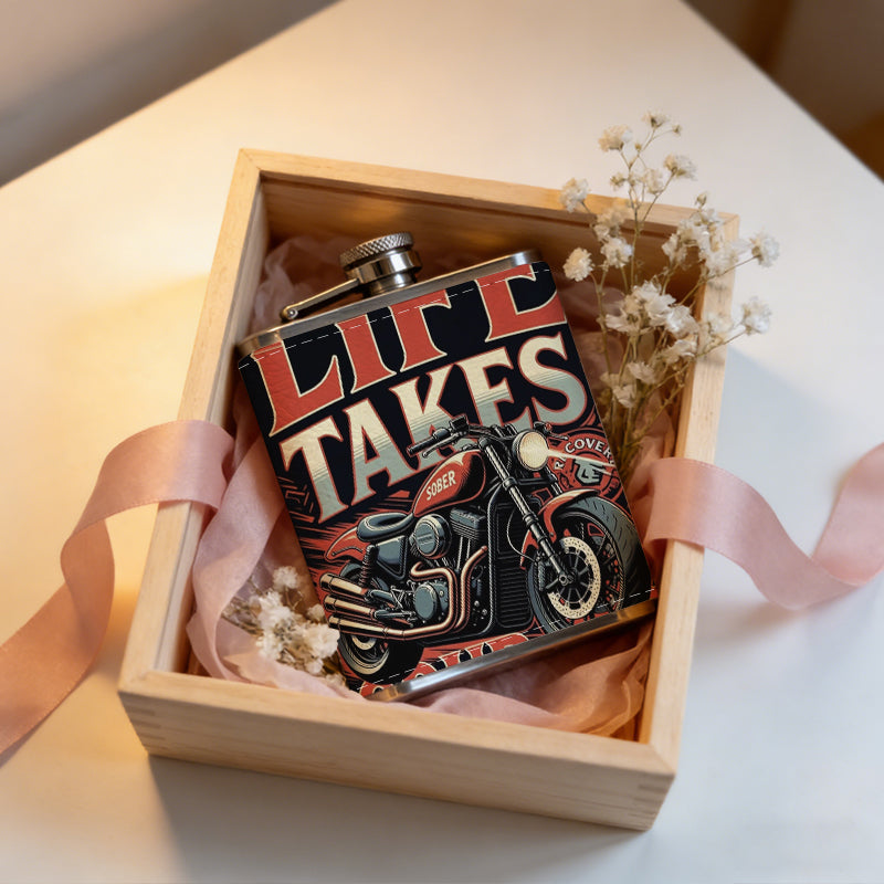 Motorcycle with "Life Takes Courage" text 1pc 8oz -Wrapped Portable Camping Flask, Stainless Steel Flat Liquor Bottle for Outdoor Use