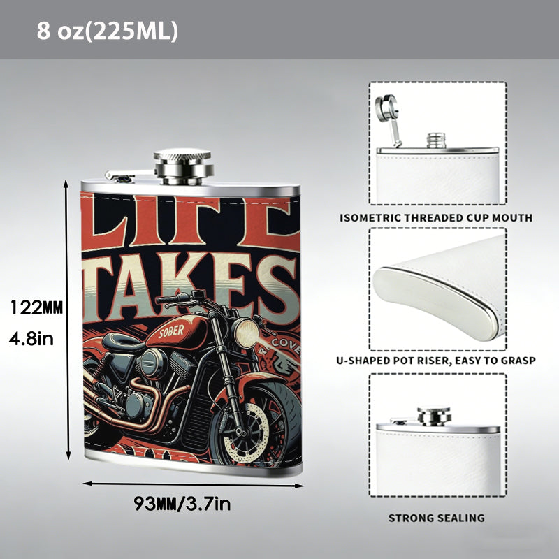 Motorcycle with "Life Takes Courage" text 1pc 8oz -Wrapped Portable Camping Flask, Stainless Steel Flat Liquor Bottle for Outdoor Use