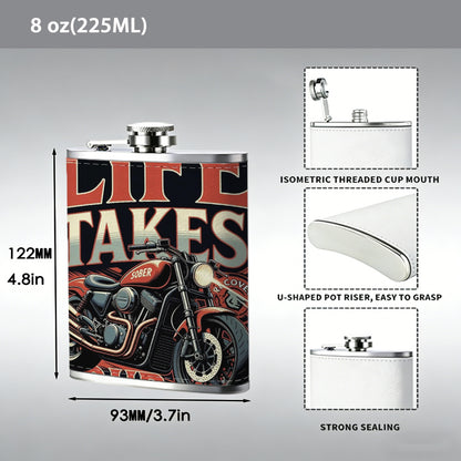 Motorcycle with "Life Takes Courage" text 1pc 8oz -Wrapped Portable Camping Flask, Stainless Steel Flat Liquor Bottle for Outdoor Use