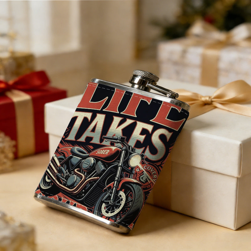 Motorcycle with "Life Takes Courage" text 1pc 8oz -Wrapped Portable Camping Flask, Stainless Steel Flat Liquor Bottle for Outdoor Use