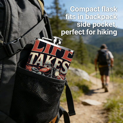 Motorcycle with "Life Takes Courage" text 1pc 8oz -Wrapped Portable Camping Flask, Stainless Steel Flat Liquor Bottle for Outdoor Use