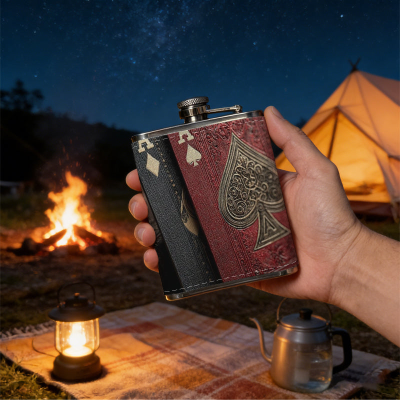 Two ace playing cards 1pc 8oz -Wrapped Portable Camping Flask, Stainless Steel Flat Liquor Bottle for Outdoor Use