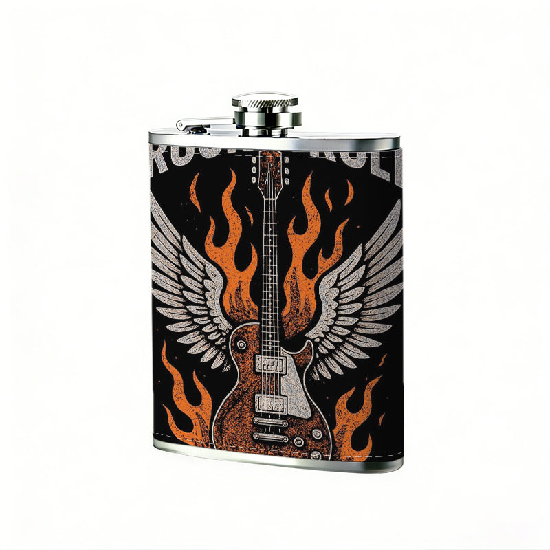 Rock 'n' roll guitar with wings and flames 1pc 8oz -Wrapped Portable Camping Flask, Stainless Steel Flat Liquor Bottle for Outdoor Use
