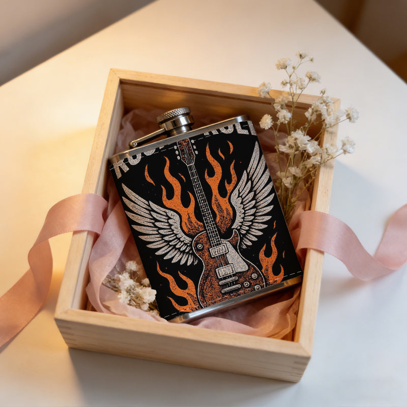 Rock 'n' roll guitar with wings and flames 1pc 8oz -Wrapped Portable Camping Flask, Stainless Steel Flat Liquor Bottle for Outdoor Use