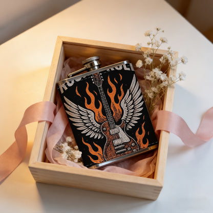 Rock 'n' roll guitar with wings and flames 1pc 8oz -Wrapped Portable Camping Flask, Stainless Steel Flat Liquor Bottle for Outdoor Use