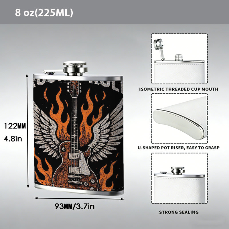 Rock 'n' roll guitar with wings and flames 1pc 8oz -Wrapped Portable Camping Flask, Stainless Steel Flat Liquor Bottle for Outdoor Use