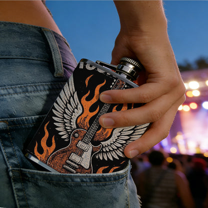 Rock 'n' roll guitar with wings and flames 1pc 8oz -Wrapped Portable Camping Flask, Stainless Steel Flat Liquor Bottle for Outdoor Use