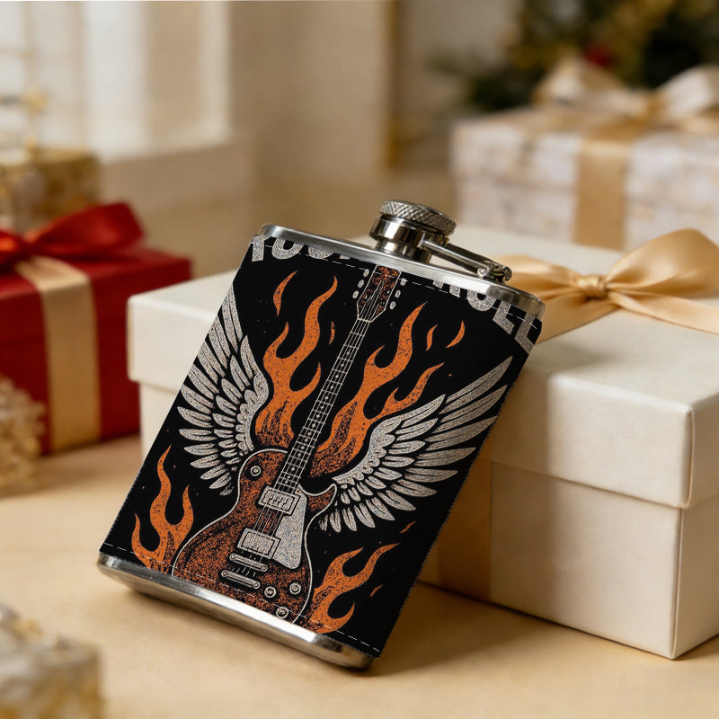 Rock 'n' roll guitar with wings and flames 1pc 8oz -Wrapped Portable Camping Flask, Stainless Steel Flat Liquor Bottle for Outdoor Use