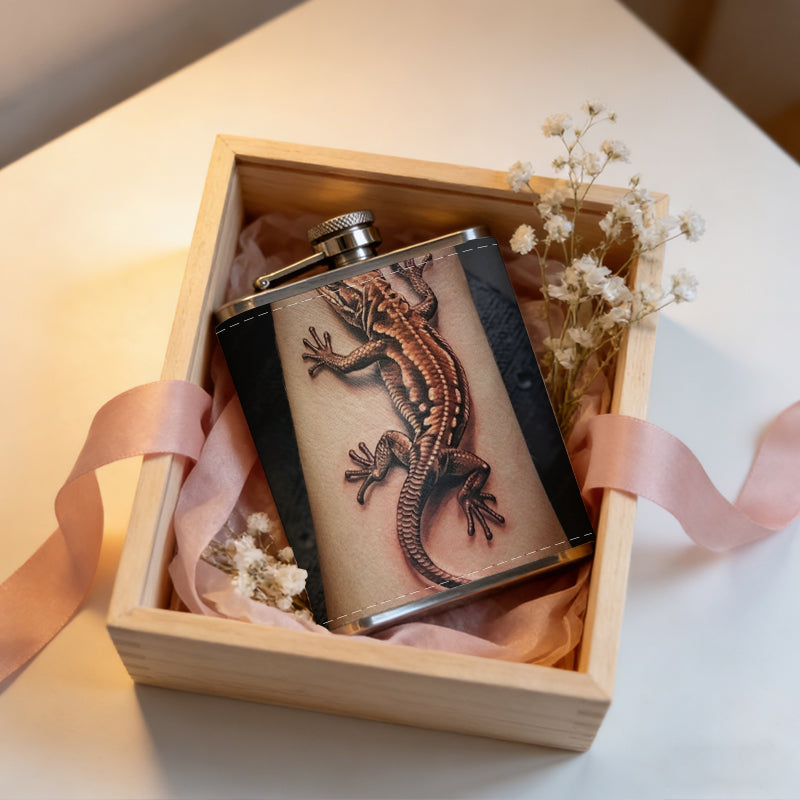 Lizard tattoo on arm 1pc 8oz -Wrapped Portable Camping Flask, Stainless Steel Flat Liquor Bottle for Outdoor Use