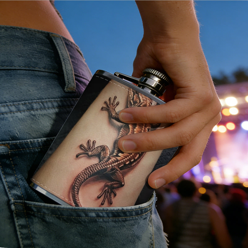 Lizard tattoo on arm 1pc 8oz -Wrapped Portable Camping Flask, Stainless Steel Flat Liquor Bottle for Outdoor Use
