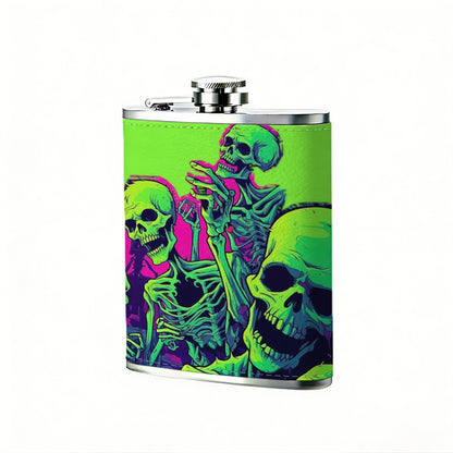 Neon green skull art 1pc 8oz -Wrapped Portable Camping Flask, Stainless Steel Flat Liquor Bottle for Outdoor Use