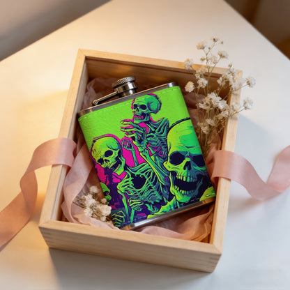 Neon green skull art 1pc 8oz -Wrapped Portable Camping Flask, Stainless Steel Flat Liquor Bottle for Outdoor Use