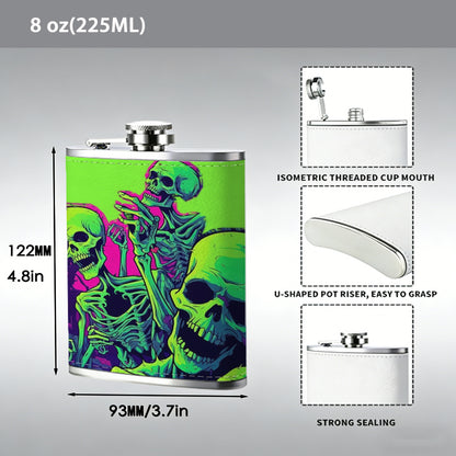 Neon green skull art 1pc 8oz -Wrapped Portable Camping Flask, Stainless Steel Flat Liquor Bottle for Outdoor Use