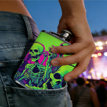 Neon green skull art 1pc 8oz -Wrapped Portable Camping Flask, Stainless Steel Flat Liquor Bottle for Outdoor Use