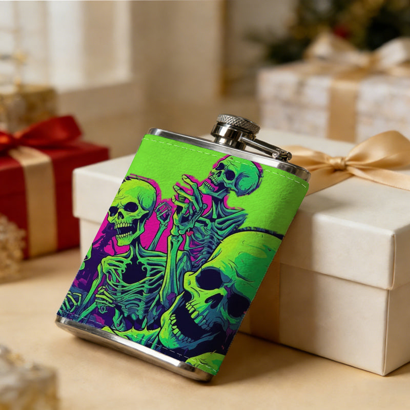 Neon green skull art 1pc 8oz -Wrapped Portable Camping Flask, Stainless Steel Flat Liquor Bottle for Outdoor Use