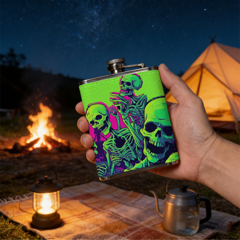 Neon green skull art 1pc 8oz -Wrapped Portable Camping Flask, Stainless Steel Flat Liquor Bottle for Outdoor Use