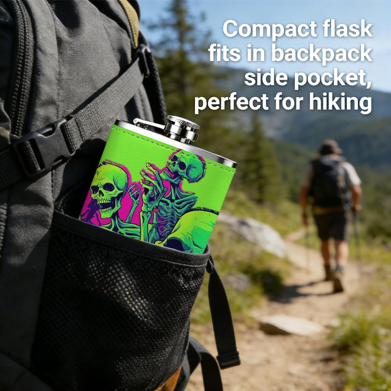 Neon green skull art 1pc 8oz -Wrapped Portable Camping Flask, Stainless Steel Flat Liquor Bottle for Outdoor Use