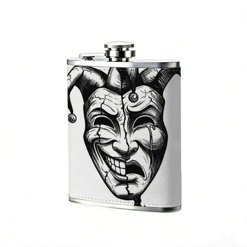 Jester mask with happy sad faces 1pc 8oz -Wrapped Portable Camping Flask, Stainless Steel Flat Liquor Bottle for Outdoor Use