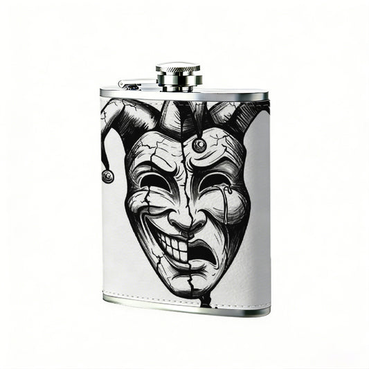 Jester mask with happy sad faces 1pc 8oz -Wrapped Portable Camping Flask, Stainless Steel Flat Liquor Bottle for Outdoor Use