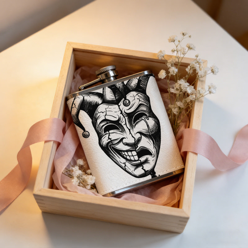 Jester mask with happy sad faces 1pc 8oz -Wrapped Portable Camping Flask, Stainless Steel Flat Liquor Bottle for Outdoor Use