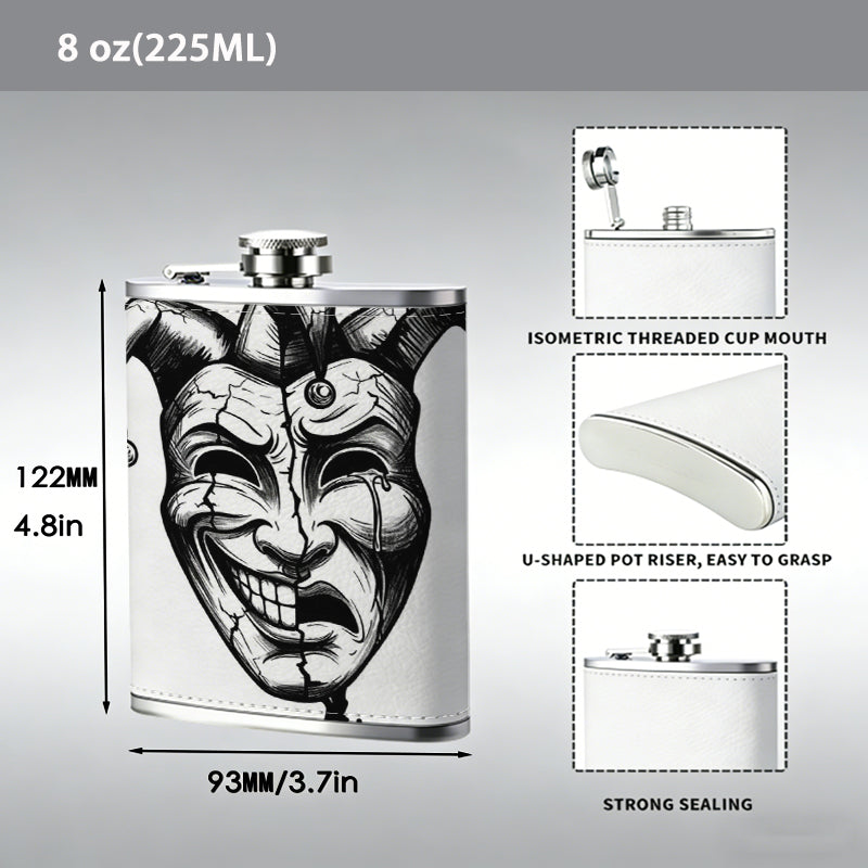 Jester mask with happy sad faces 1pc 8oz -Wrapped Portable Camping Flask, Stainless Steel Flat Liquor Bottle for Outdoor Use