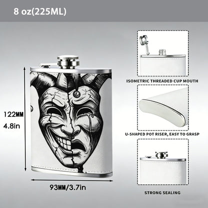 Jester mask with happy sad faces 1pc 8oz -Wrapped Portable Camping Flask, Stainless Steel Flat Liquor Bottle for Outdoor Use