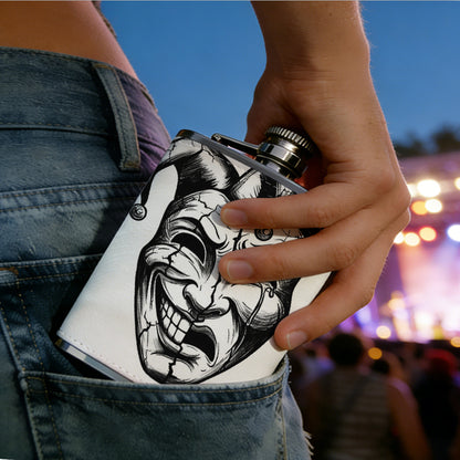 Jester mask with happy sad faces 1pc 8oz -Wrapped Portable Camping Flask, Stainless Steel Flat Liquor Bottle for Outdoor Use