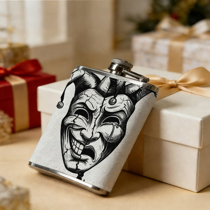 Jester mask with happy sad faces 1pc 8oz -Wrapped Portable Camping Flask, Stainless Steel Flat Liquor Bottle for Outdoor Use