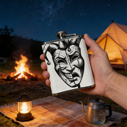 Jester mask with happy sad faces 1pc 8oz -Wrapped Portable Camping Flask, Stainless Steel Flat Liquor Bottle for Outdoor Use