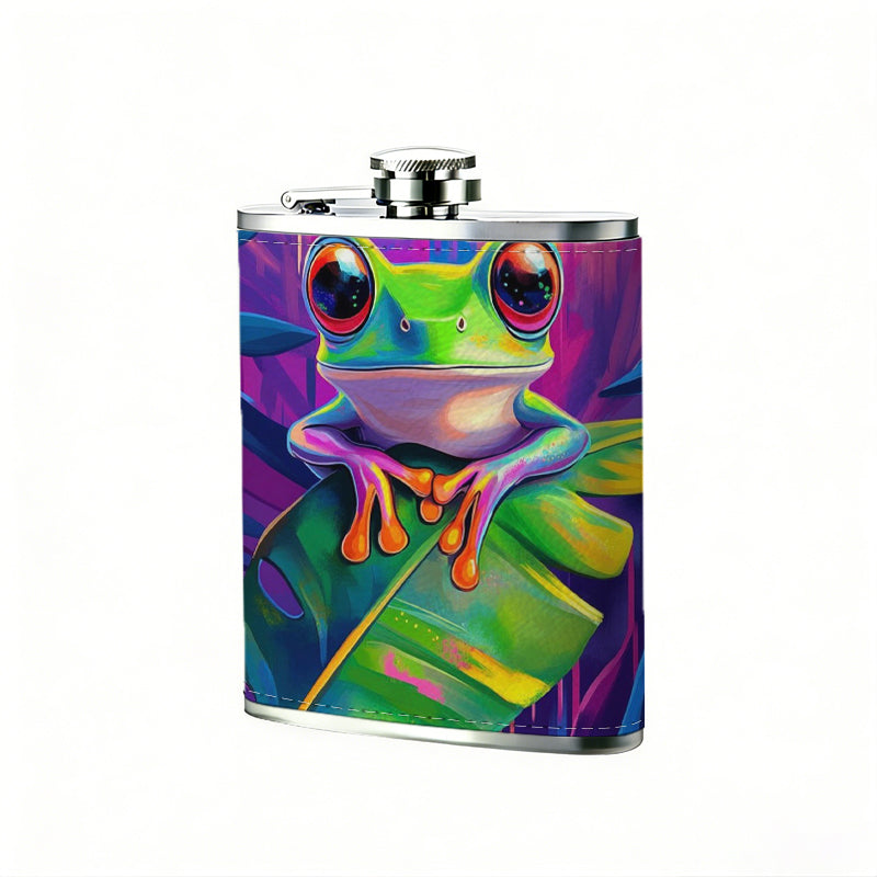 Colorful painting of green tree frog on leaf 1pc 8oz -Wrapped Portable Camping Flask, Stainless Steel Flat Liquor Bottle for Outdoor Use