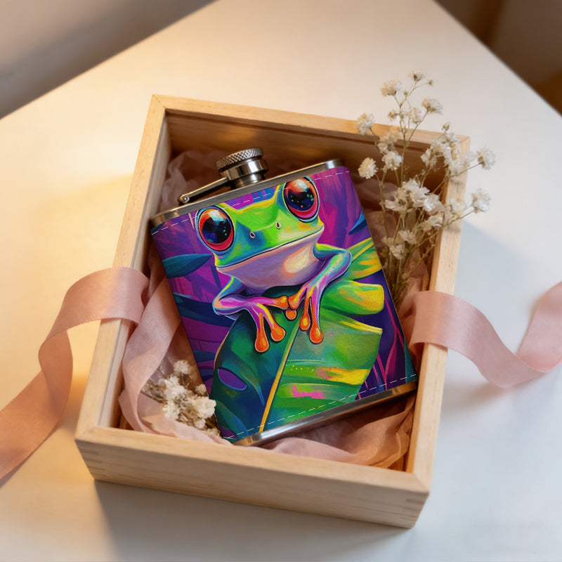 Colorful painting of green tree frog on leaf 1pc 8oz -Wrapped Portable Camping Flask, Stainless Steel Flat Liquor Bottle for Outdoor Use