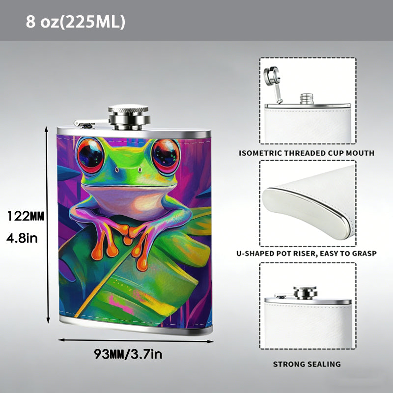 Colorful painting of green tree frog on leaf 1pc 8oz -Wrapped Portable Camping Flask, Stainless Steel Flat Liquor Bottle for Outdoor Use