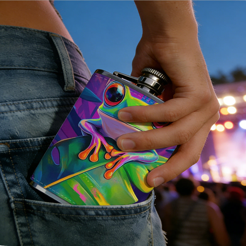 Colorful painting of green tree frog on leaf 1pc 8oz -Wrapped Portable Camping Flask, Stainless Steel Flat Liquor Bottle for Outdoor Use